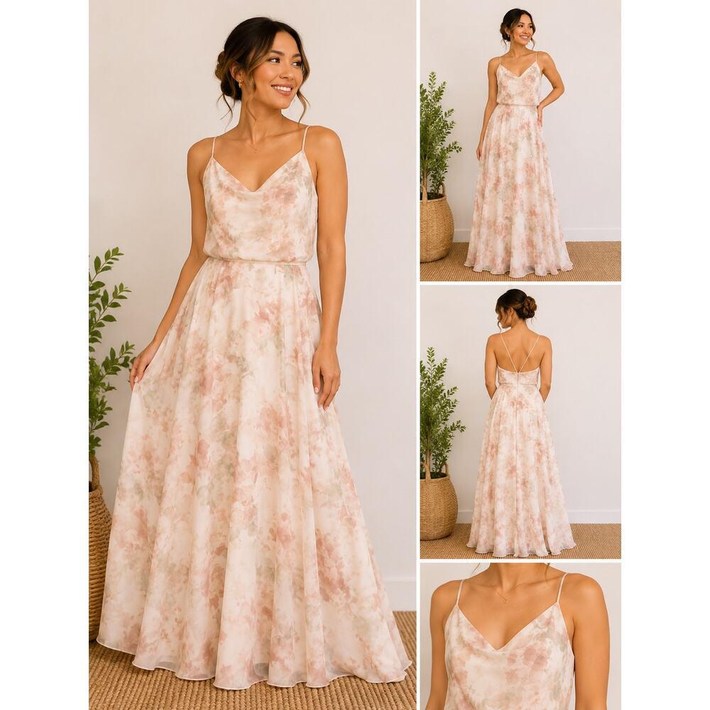 Jenny Yoo Bridesmaid Dress 12 Blush Floral Chiffon Maxi Formal Wedding Romantic